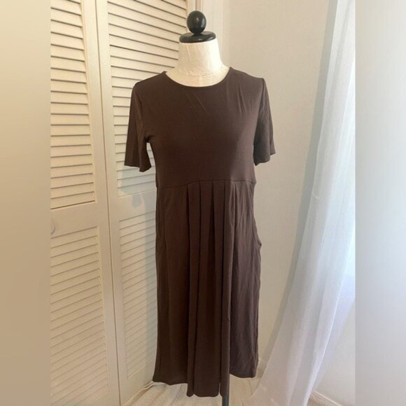 Zenana Premium Brown Short Sleeve Midi Dress W/ Pockets Size L - Picture 1 of 7